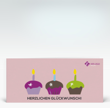 Geburtstagskarte: Drei bunte Muffins auf altrosa mit Logo