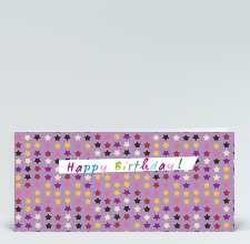 Geburtstagskarte: Bunte Geburtstagssterne auf lila englisch