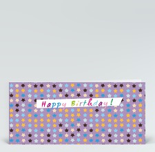 Geburtstagskarte: Orange-blaue Geburtstagssterne auf lila englisch