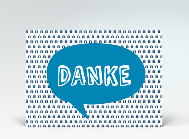 Danksagung Danke Postkarte Sprechblase auf Geschenkemuster blau Vorderseite