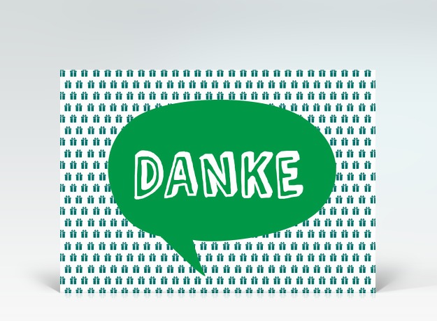 Danksagung Danke Postkarte Sprechblase auf Geschenkemuster grün Vorderseite