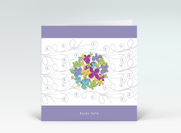 Geburtstagskarte Bunter Blumenstrauss auf violettem Hintergrund Vorderseite