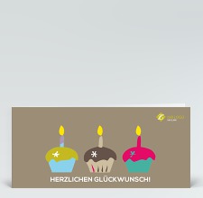 Geburtstagskarte: Drei bunte Muffins auf beige mit Logo