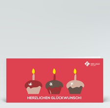 Geburtstagskarte: Drei bunte Muffins auf rot mit Logo