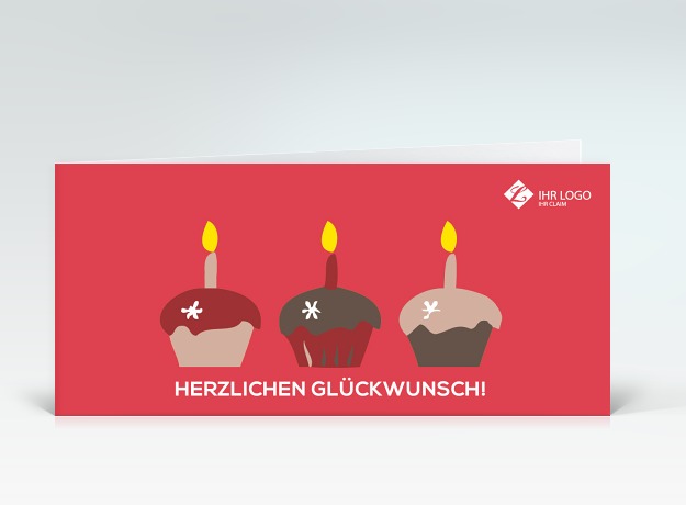 Geburtstagskarte Drei bunte Muffins auf rot mit Logo Vorderseite