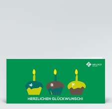 Geburtstagskarte: Drei bunte Muffins auf grün mit Logo