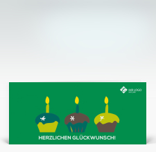 Geburtstagskarte: Drei bunte Muffins auf grün mit Logo