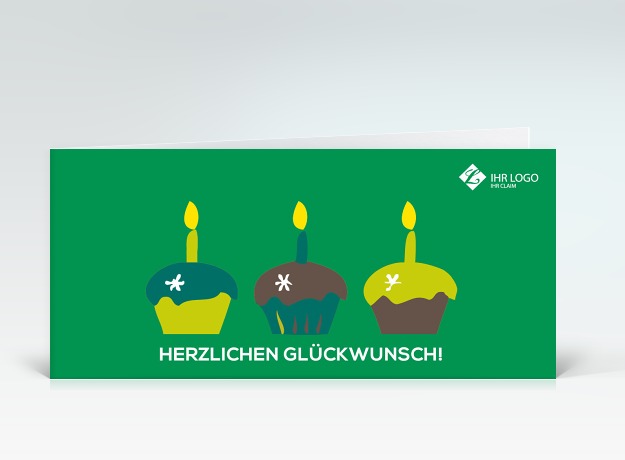 Geburtstagskarte Drei bunte Muffins auf grün mit Logo Vorderseite