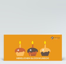 Geburtstagskarte: Drei bunte Muffins auf orange mit Logo
