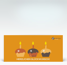 Geburtstagskarte: Drei bunte Muffins auf orange mit Logo