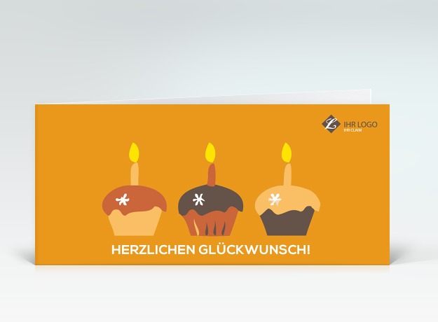 Geburtstagskarte Drei bunte Muffins auf orange mit Logo Vorderseite
