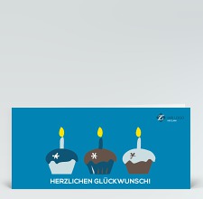 Geburtstagskarte: Drei bunte Muffins auf blau mit Logo
