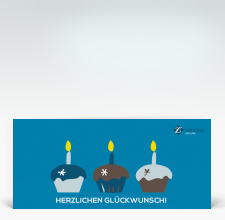 Geburtstagskarte: Drei bunte Muffins auf blau mit Logo