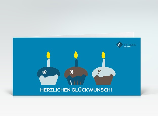 Geburtstagskarte Drei bunte Muffins auf blau mit Logo Vorderseite