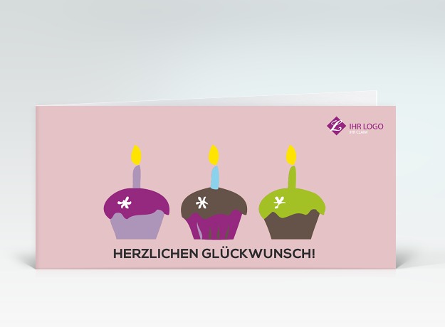Geburtstagskarte Drei bunte Muffins auf altrosa mit Logo Vorderseite