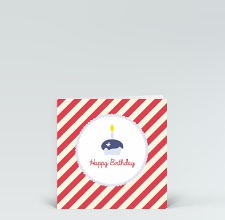 Geburtstagskarte: Happy Birthday Muffin mit Kerze auf roten Streifen