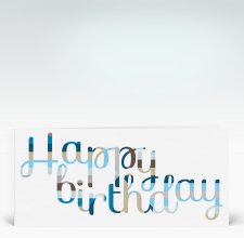 Geburtstagskarte: Happy Birthday geschwungen in blau