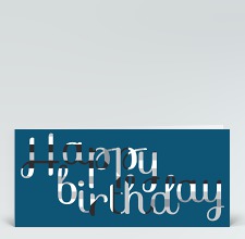 Geburtstagskarte: Happy Birthday geschwungen in grau auf blau