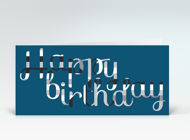 Geburtstagskarte Happy Birthday geschwungen in grau auf blau Vorderseite