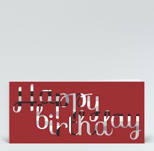 Geburtstagskarte: Happy Birthday geschwungen in grau auf rot