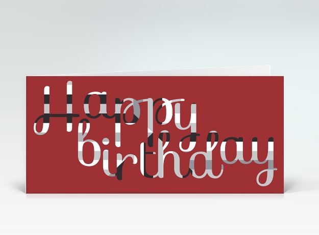 Geburtstagskarte Happy Birthday geschwungen in grau auf rot Vorderseite