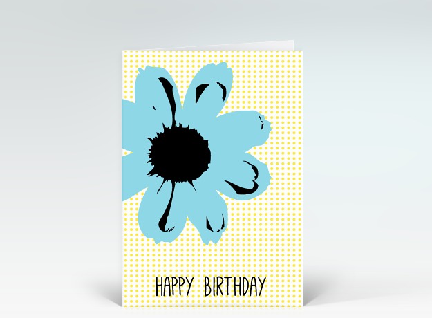 Geburtstagskarte Happy Birthday Pop-Art-Blume in hellblau auf gelben Punkten Vorderseite