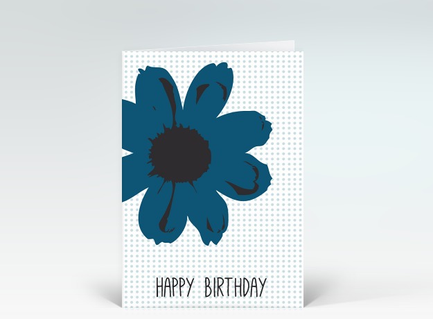 Geburtstagskarte Happy Birthday Blume Pop-Art in blau auf Punkten Vorderseite