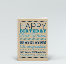 Geburtstagskarte: Happy Birthday typografisch blau auf beige