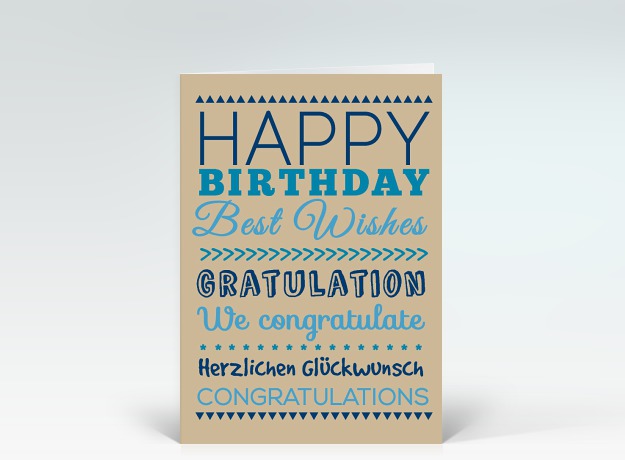 Geburtstagskarte Happy Birthday typografisch blau auf beige Vorderseite
