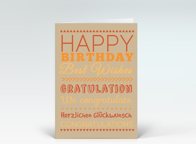 Geburtstagskarte Happy Birthday typografisch orange auf beige Vorderseite