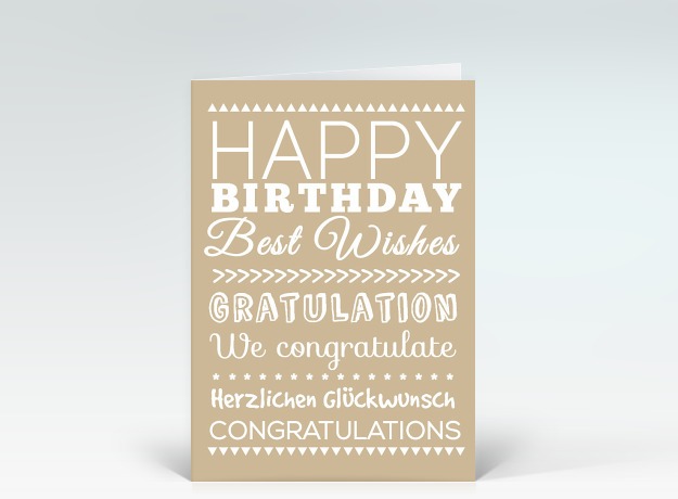 Geburtstagskarte Happy Birthday typografisch weiß auf beige Vorderseite