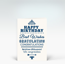 Geburtstagskarte: Happy Birthday typografisch in blau ovale Form