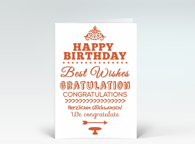 Geburtstagskarte Happy Birthday typografisch in orange oval Vorderseite