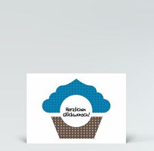 Geburtstagskarte: Postkarte Glückwunsch Muffin gemustert blau-braun