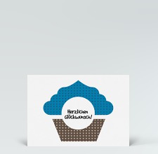 Geburtstagskarte: Postkarte Glückwunsch Muffin gemustert blau-braun