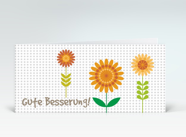 Genesungskarte Besserungs-Blumen orange auf Pünktchen Vorderseite