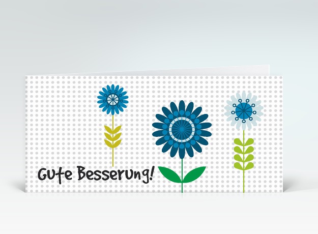 Genesungskarte Besserungs-Blumen blau auf Pünktchen Vorderseite