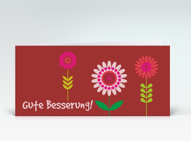 Genesungskarte Besserungs-Blumen auf rot Vorderseite