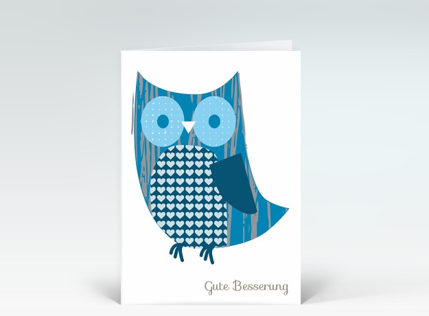 Genesungskarte Eule blau Gute Besserung Vorderseite